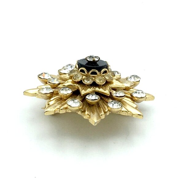 MID-CENTURY sunburst brooch - gold-tone rhinestone & onyx pin heavy layered dome - Picture 5 of 8